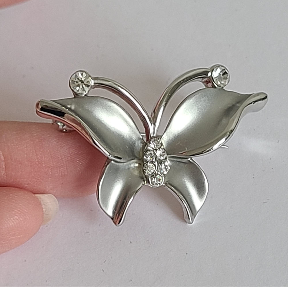 Vintage Silver Tone Matte Rhinestone Butterfly Brooch Pin